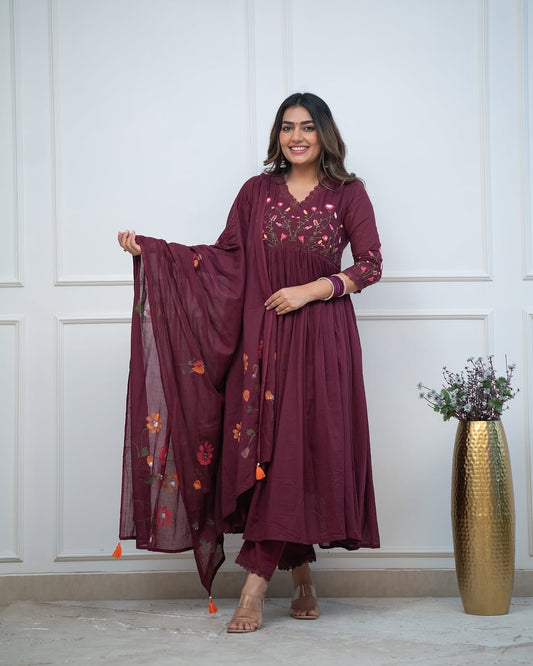 Wine Floral Hand-Embroidered Anarkali Set