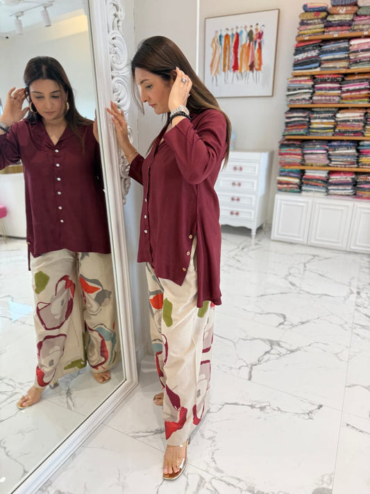 Wine Button-Down Tunic with Abstract Print Palazzo Pants