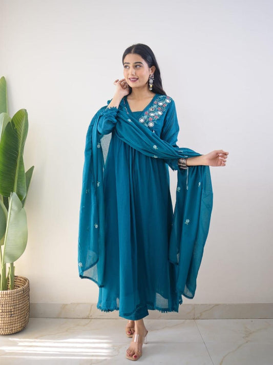 Teal Blue Embroidered Kurta Set with Dupatta