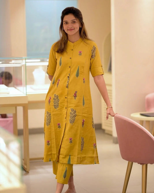 Sunlit Mustard Handblock Printed Kurta Pant Set